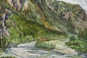 картина пейзаж акварель горы долина  река 