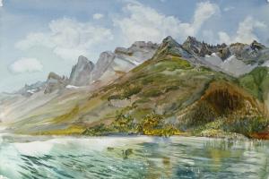 картина акварель пейзаж озеро горы лето облака