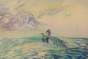картина акварель пейзаж море павлин