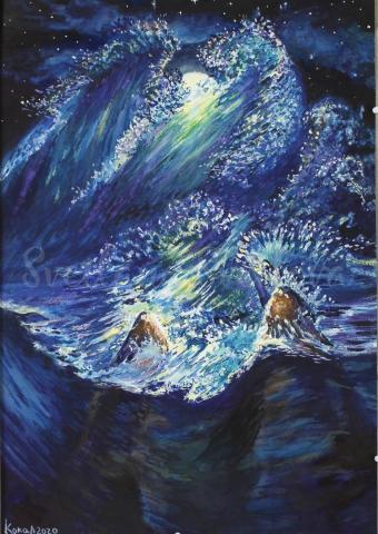 картина акварель море волны ночь луна скалы 