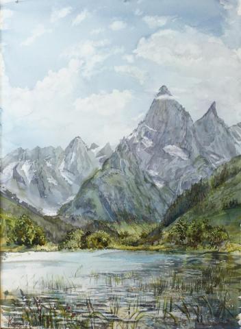 картина горы озеро акварель пейзаж