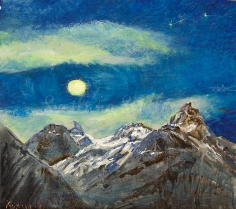 картина ночь луна облака горы 