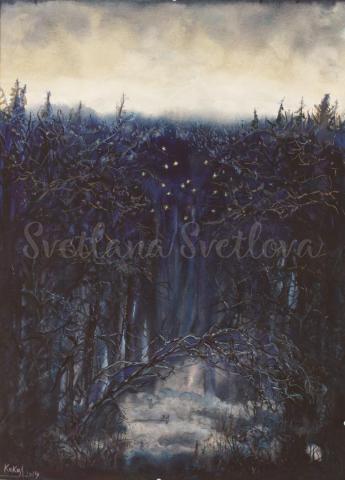 пейзаж картина лес зима звёзды ночь туман волки